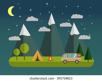 Tourist camp against mountains night