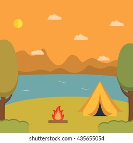 Tourist camp against mountains.infrastructure flat.landscape with the river and mountains.Summer landscape.Solitude in nature by the lake. Weekend in the tent.Hiking and camping.Natural landscape