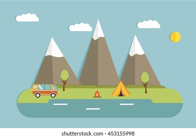 The tourist camp against mountains.Summer landscape.Solitude in nature by the lake. Weekend in the tent.Hiking and camping.Natural landscape
.