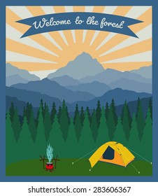 Tourist camp in forest in mountains. Vector drawing