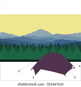 Tourist camp in forest in mountains. Vector drawing.