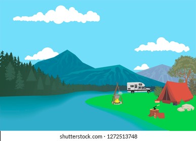 Tourist camp at the forest river. Vector illustration, flat design style.