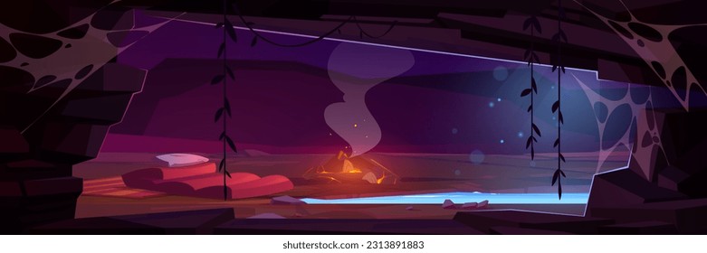 Tourist camp in mountain cave with neon blue lake. Vector cartoon illustration of bonfire burning, sleeping bag on ground near underground river, ancient jungle grotto with lianas and cobweb on walls