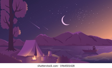 Tourist camp in night landscape vector illustration. Cartoon romantic summer countryside scenery, couple traveler characters sitting in boat, bonfire and camping tent on lake or river shore background