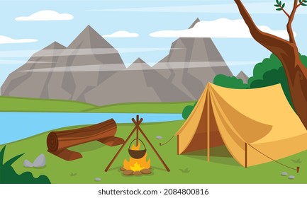 Tourist camp on nature. Tent and bonfire on river bank, place for halt. Outdoor recreation, outdoor. Tourist routes and travel, adventure and vacation, rest. Cartoon flat vector illustration