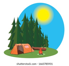 Tourist camp in a pine forest. There is an orange tent on the lawn. A bonfire burns nearby. Someone stuck an ax into a nearby log. Sunny summer day.