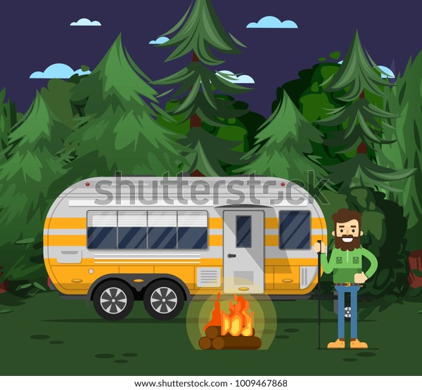 Tourist camp poster with man, bonfire and\
travel trailer in deep forest. Car RV trailer caravan, compact\
motorhome, mobile home for country traveling and outdoor family\
vacation vector\
illustration.