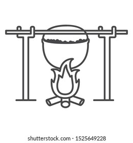Tourist camp pot on fire outline.Cooking on fire. Line art vector.Symbol for online stores and restaurants.Isolated on a white background.