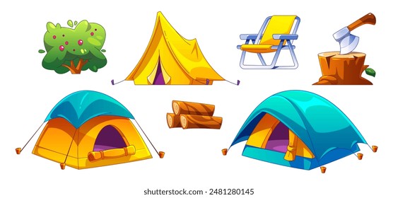 Tourist camp tent equipment for summer cartoon set. Isolated hike adventure element for survival expedition and tourism. Outdoor camping trip shelter and chair. Trekking activity or recreation leisure