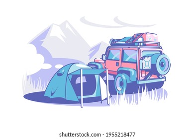 Tourist camp tent and suv vector illustration. Camping adventure, mountain and forest wild nature travel trips flat style. Scout expedition and extreme wilderness exploration hiking club