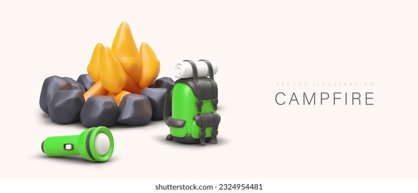 Tourist campfire, green backpack, plasticine style flashlight. Cute advertisement of hiking tourism with overnight stay. Heating and lighting in forest. Horizontal poster with text