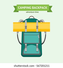 Tourist Camping Backpack and Rolled Matrass Card. Hiking Bag for Adventure Time Flat Design Style Vector illustration