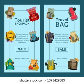 Tourist camping backpack set of banners. Travel accessories vector illustration. Classic styled hiking backpacks with sleeping bags. Camp and hike colorful bags and knapsacks.