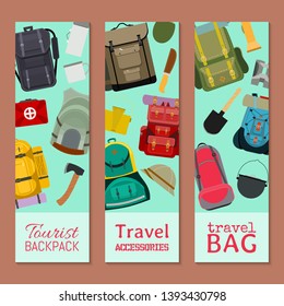 Tourist camping backpack set of banners. Travel accessories vector illustration. Classic styled hiking backpacks with sleeping bags. Camp and hike colorful bags and knapsacks.