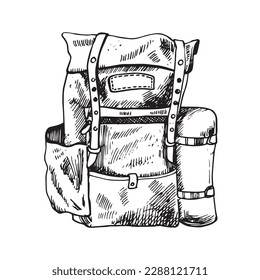 Tourist camping backpack sketch. Hike, hiking concept. Hand drawn illustration isolated on white background