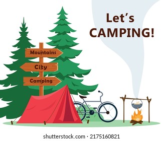 Tourist camping concept or banner. Camping tent with pointer, fir trees, bike and a bonfire. Sports, adventures in nature, recreation and tourism Vector poster flat illustration.