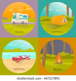 Tourist camping concept with house trailer tent in forest boat on beach night bonfire isolated vector illustration