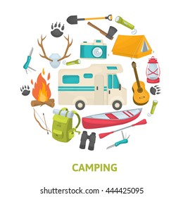 Tourist camping decorative icons set in circle shape with travel tools house trailer boat isolated vector illustration