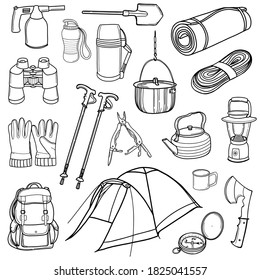 Tourist and camping equipment. Hiking, traveling. A set of elements for camping. Vector illustration in Doodle style. Design for stickers, printing, magazines, blogs