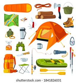 Tourist camping equipment isolated on white set of vector illustrations. Tourism and hiking, travel in nature, adventure icon. Bonfire, tourist tent, fishing boat, backpack and compass for expedition.