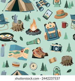 Equipo de camping turístico. Vector patrón sin fisuras. Diseño para papel pintado y embalaje. Antecedentes de viaje y aventura