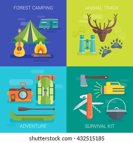 Tourist Camping Flat Compositions With Living In Forest Animal Track Summer Adventure Survival Kit Isolated Vector Illustration