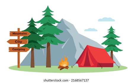 Tourist camping landscape with camping tent, mountains, fir trees and bonfire. Sports, adventures in nature, recreation and tourism banner. Vector poster flat illustration.