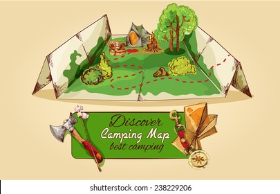 Tourist camping map sketch with axe tent campfire picnic box  vector illustration