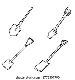 Tourist camping shovel, the inventory of the tourist. Garden bayonet shovel. Shovel for earthworks. A tool for digging up land and transplanting plants. Vector illustration in Doodle style