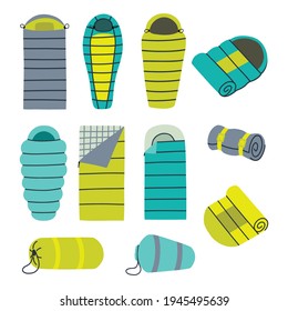 Tourist camping sleeping bag set. Rolled and unrolled adventure bedrolls. Hiking sleep equipment. Vector hand drawn illustration. 