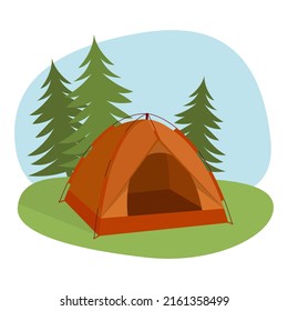 Tourist camping tent, against the background of trees. Travel and adventure concept.