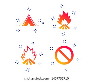 Tourist camping tent icon. Fire flame and stop prohibition sign symbols. Random dynamic shapes. Gradient tent icon. Vector