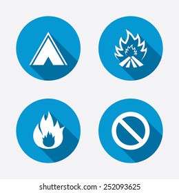 Tourist camping tent icon. Fire flame and stop prohibition sign symbols. Circle concept web buttons. Vector