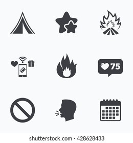 Tourist camping tent icon. Fire flame and stop prohibition sign symbols. Flat talking head, calendar icons. Stars, like counter icons. Vector