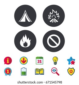 Tourist camping tent icon. Fire flame and stop prohibition sign symbols. Calendar, Information and Download signs. Stars, Award and Book icons. Light bulb, Shield and Search. Vector