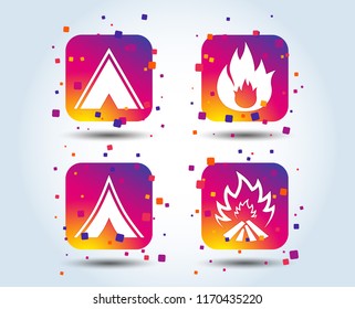 Tourist camping tent icons. Fire flame sign symbols. Colour gradient square buttons. Flat design concept. Vector
