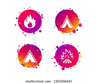 Tourist camping tent icons. Fire flame sign symbols. Gradient circle buttons with icons. Random dots design. Vector