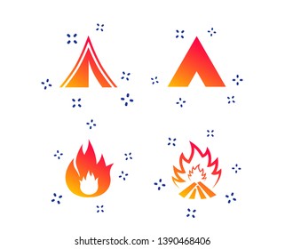 Tourist camping tent icons. Fire flame sign symbols. Random dynamic shapes. Gradient camping icon. Vector