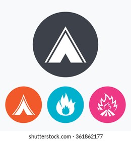 Tourist camping tent icons. Fire flame sign symbols. Circle flat buttons with icon.
