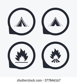 Tourist camping tent icons. Fire flame sign symbols. Flat icon pointers.