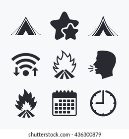 Tourist camping tent icons. Fire flame sign symbols. Wifi internet, favorite stars, calendar and clock. Talking head. Vector