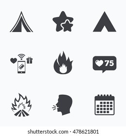 Tourist camping tent icons. Fire flame sign symbols. Flat talking head, calendar icons. Stars, like counter icons. Vector