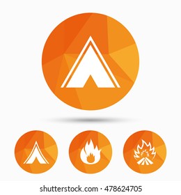 Tourist camping tent icons. Fire flame sign symbols. Triangular low poly buttons with shadow. Vector