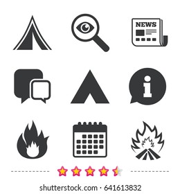 Tourist camping tent icons. Fire flame sign symbols. Newspaper, information and calendar icons. Investigate magnifier, chat symbol. Vector
