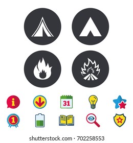 Tourist camping tent icons. Fire flame sign symbols. Calendar, Information and Download signs. Stars, Award and Book icons. Light bulb, Shield and Search. Vector