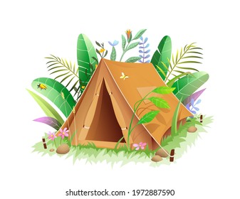 Tourist Camping Tent In Jungle Or Forest Lush Green Foliage. 3d Style Vector Illustration Of Tent In Jungle Palm Leaves, Forest Shelter Colorful Cartoon.