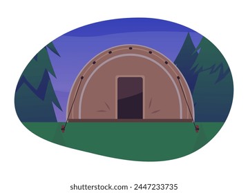 Tourist camping tent, marquee campsite equipment in forest night time. Vector illustration of tent for traveling and hiking activities. Cartoon camping folding house. Summer outdoors vacation