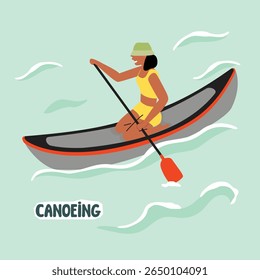 Tourist canoeing with female character. Smiling woman in shorts, t-shirt and cap sits on lap and paddles. Side view. Orange, yellow and grey colors on blue background. Vector cartoon illustration.