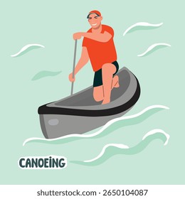 Tourist canoeing with male character. Smiling man in shorts, t-shirt and cap stands on one knee and paddles. Front view. Orange and grey colors on blue background. Vector cartoon illustration.