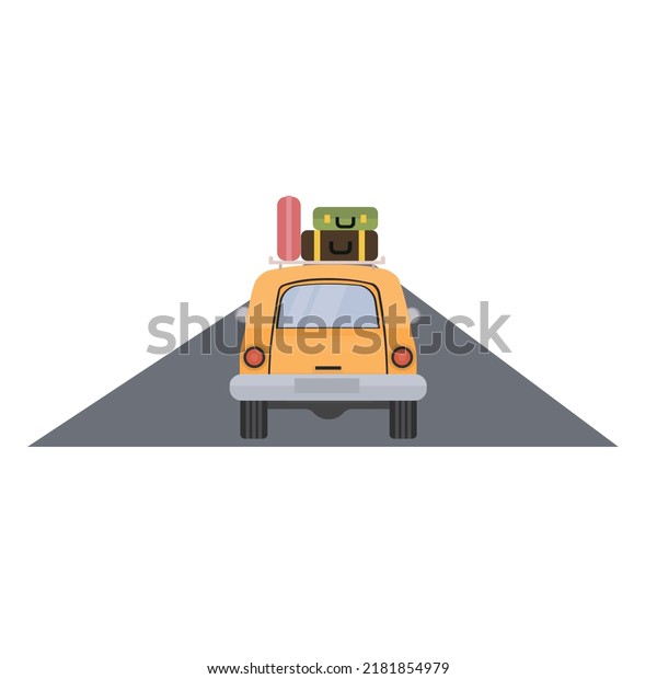 Tourist car. Car with luggage is eating on\
the road, vector\
illustration
